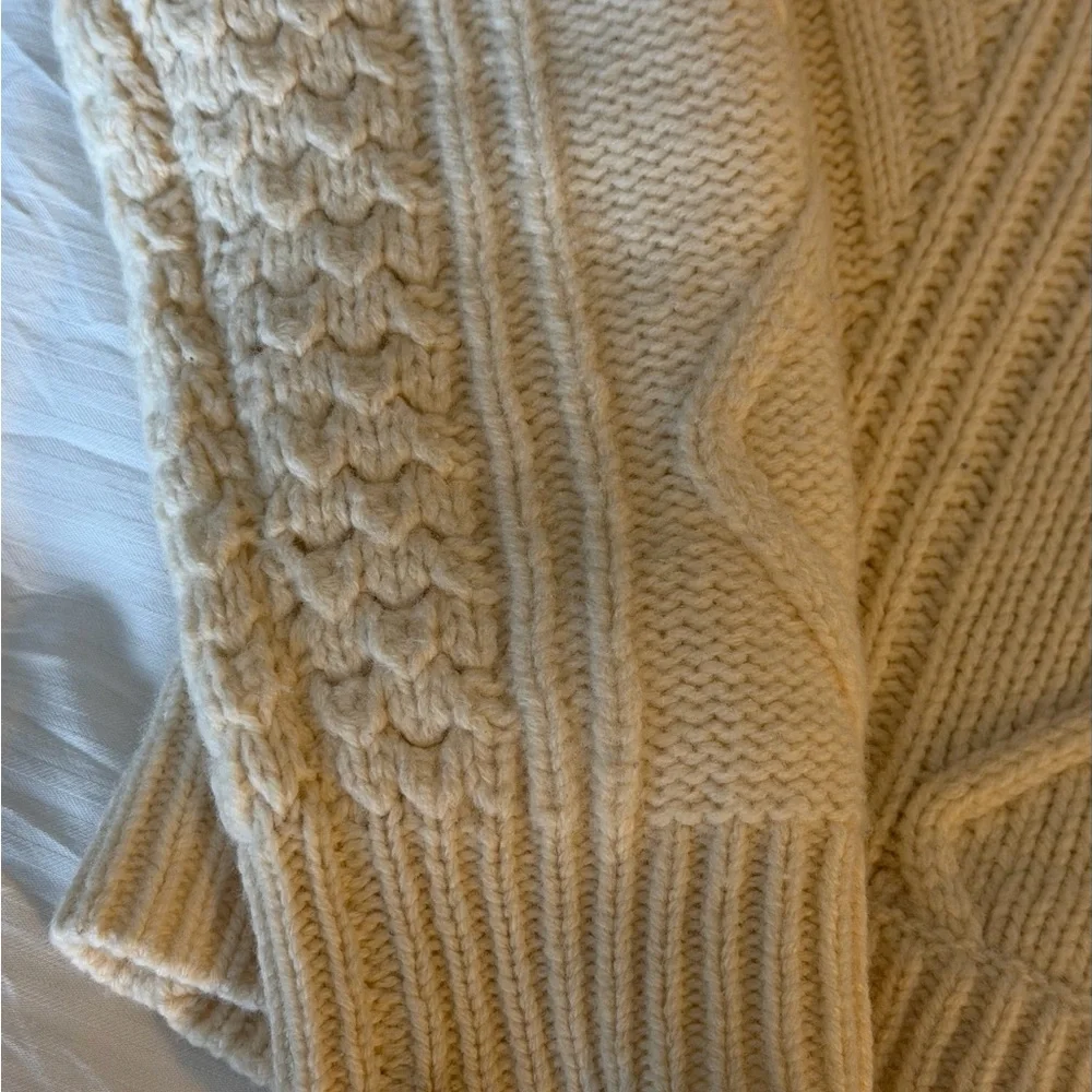J. Crew Pom Pom Cable Knit Wool Sweater vintage-inspired chunky diamond beige SM